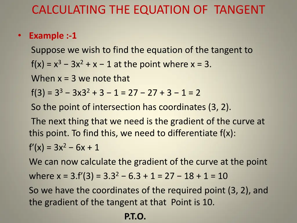 calculating the equation of tangent