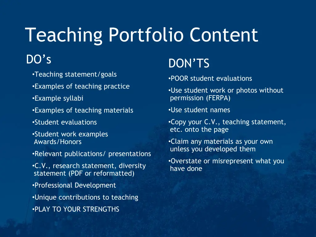 teaching portfolio content do s