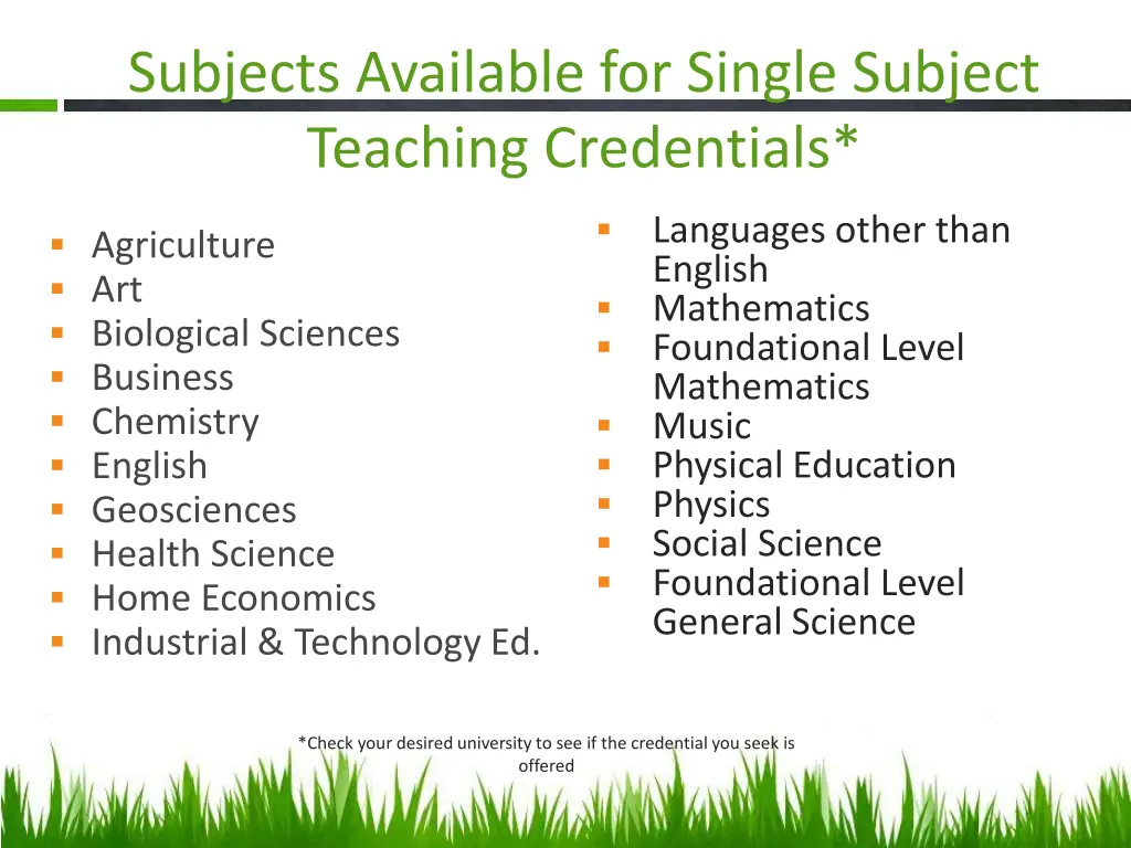 subjects available for single subject teaching