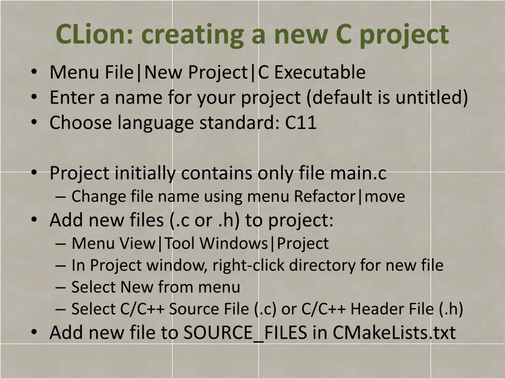 clion creating a new c project menu file