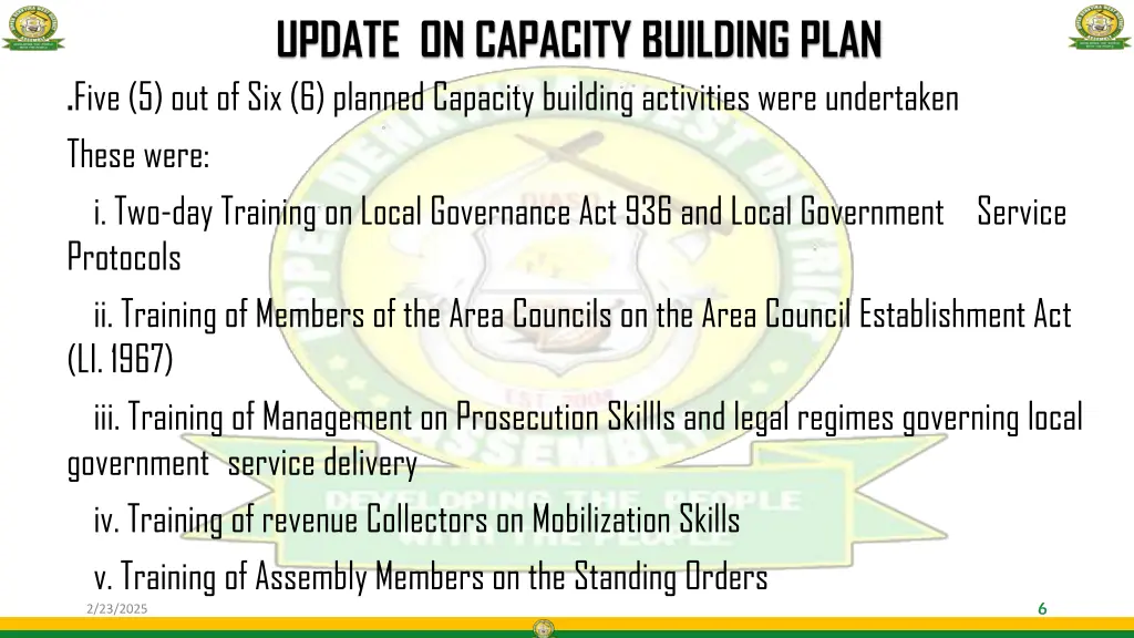update on capacity building plan five