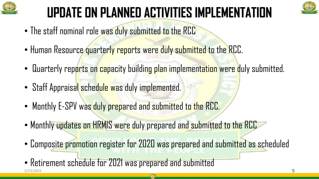update on planned activities implementation