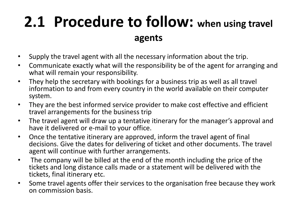 2 1 procedure to follow when using travel agents