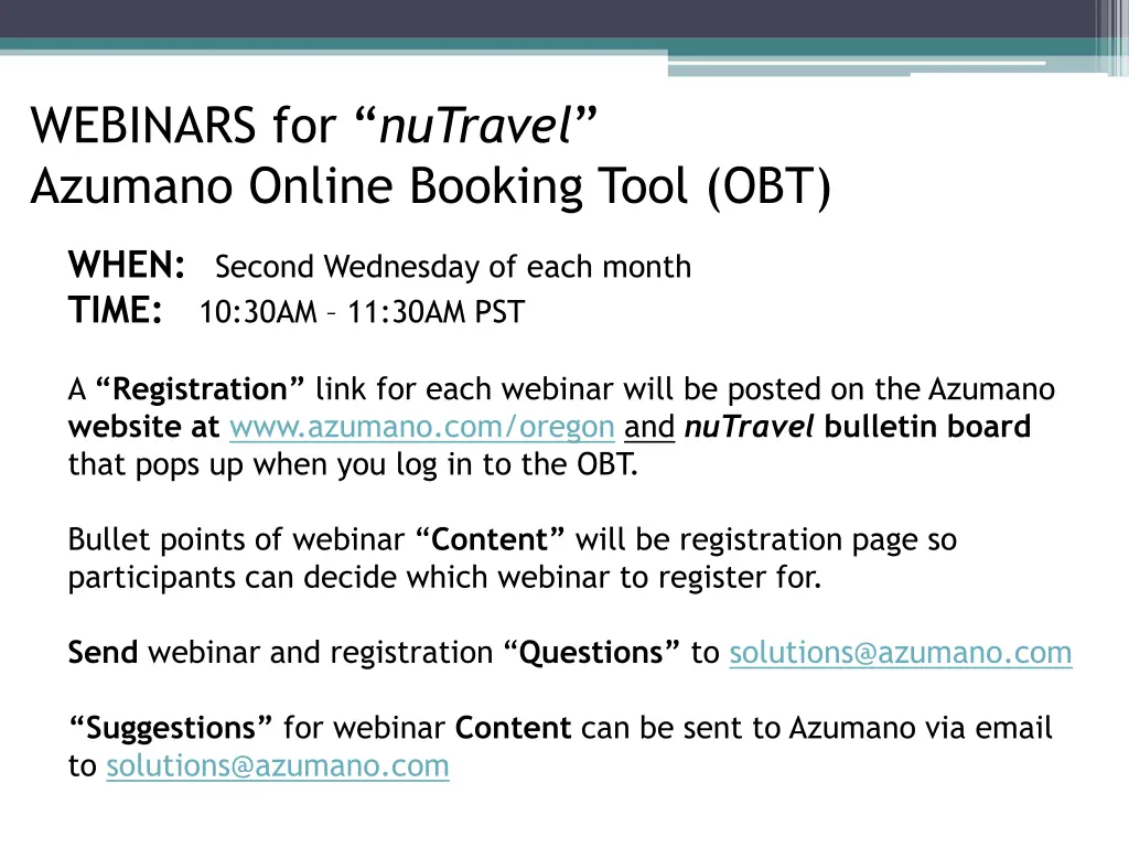 webinars for nutravel azumano online booking tool