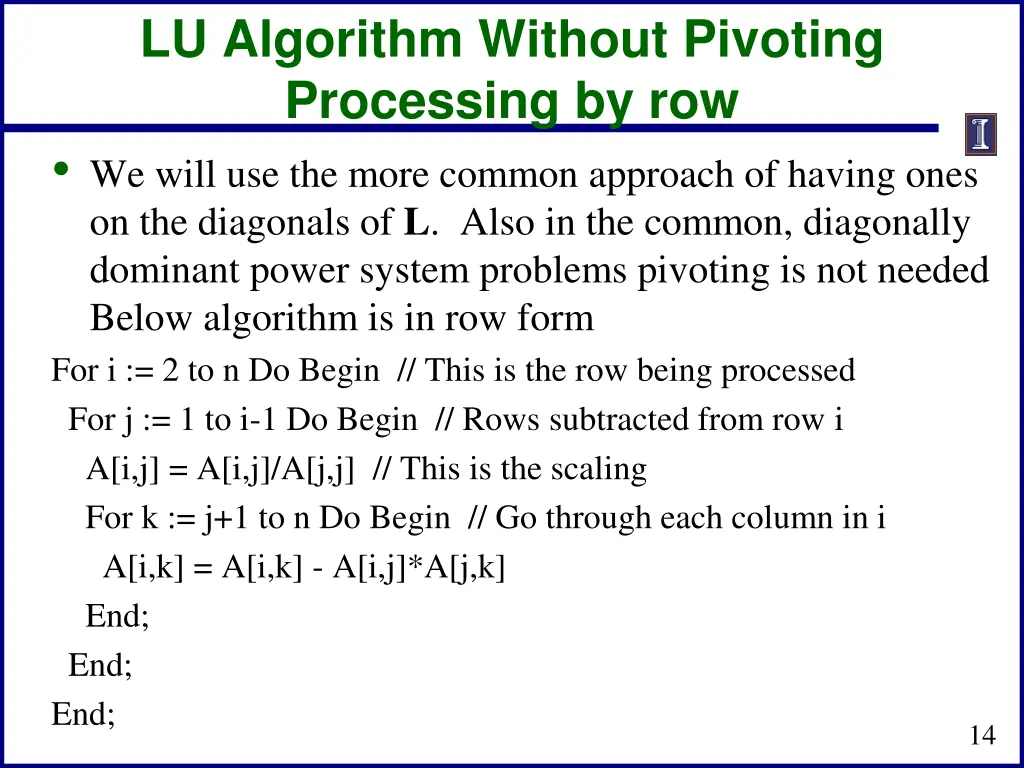 lu algorithm without pivoting processing