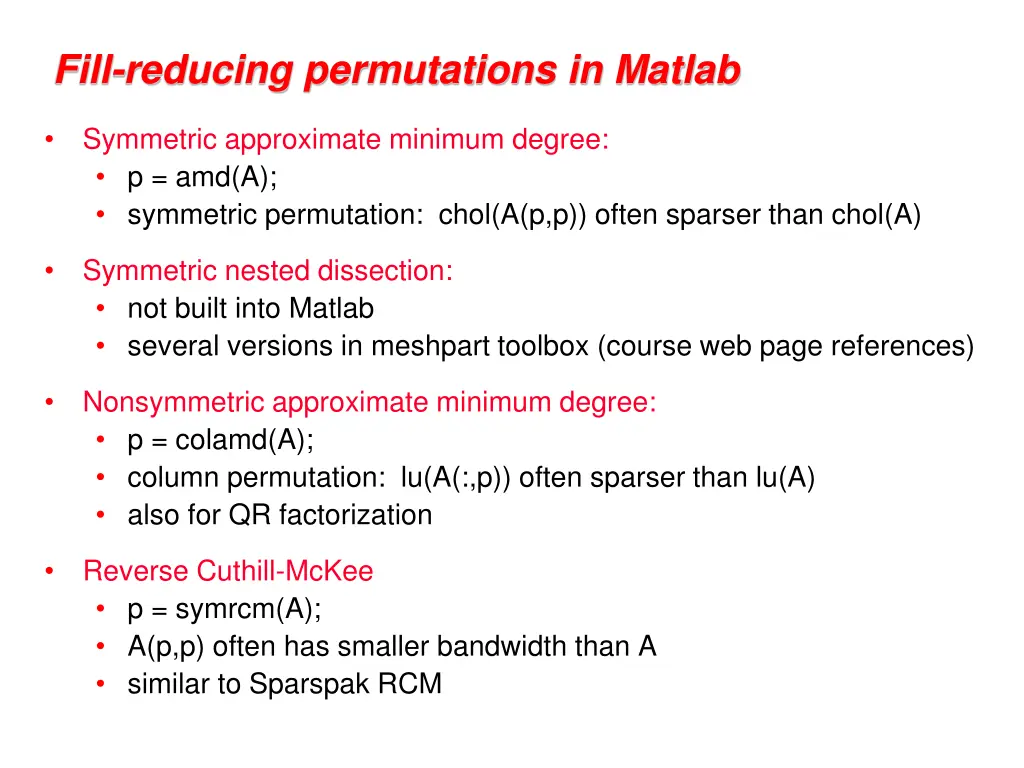fill reducing permutations in matlab