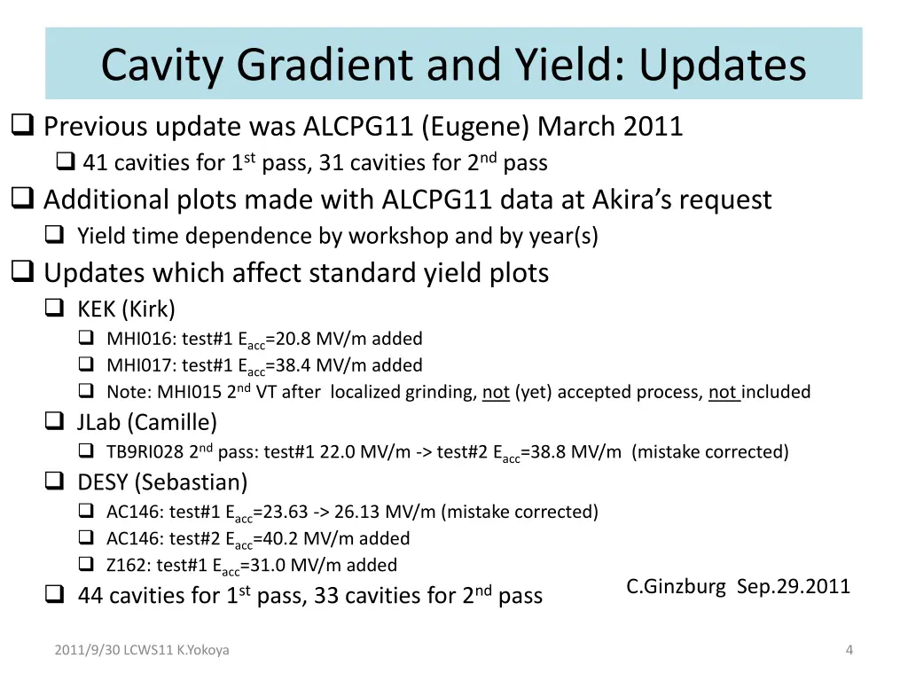 cavity gradient and yield updates
