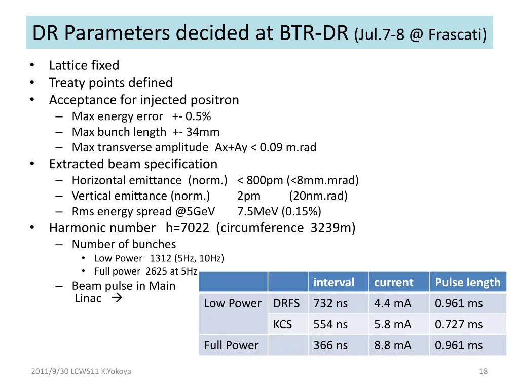 dr parameters decided at btr dr jul 7 8 @ frascati