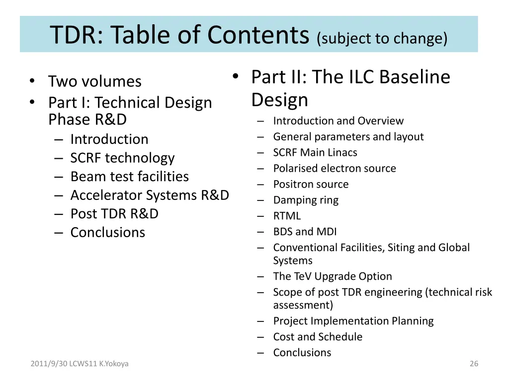 tdr table of contents subject to change