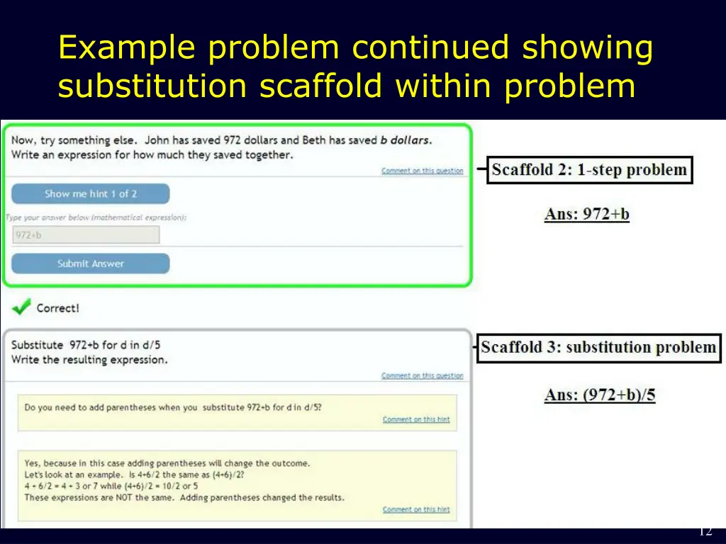 example problem continued showing substitution