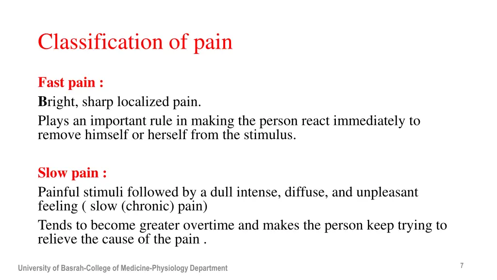 classification of pain