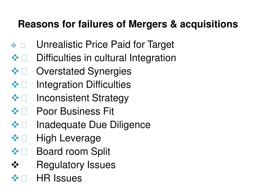 reasons for failures of mergers acquisitions