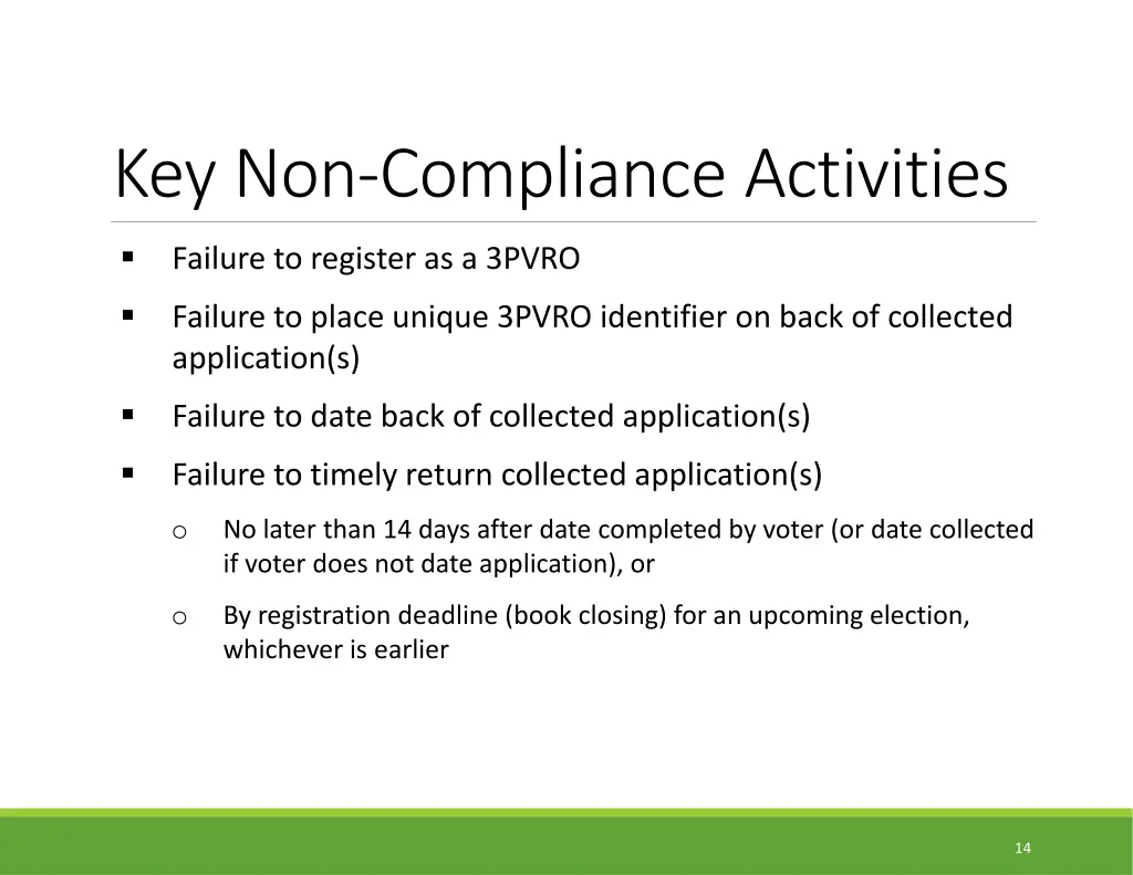 key non compliance activities