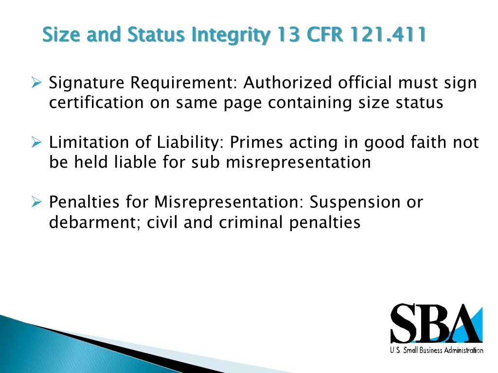 size and status integrity 13 cfr 121 411 1
