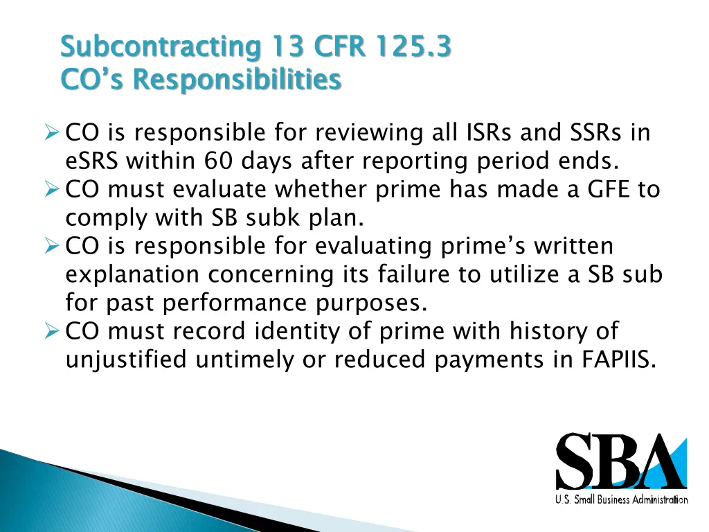 subcontracting 13 cfr 125 3 co s responsibilities