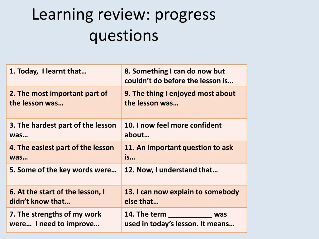 learning review progress questions 1