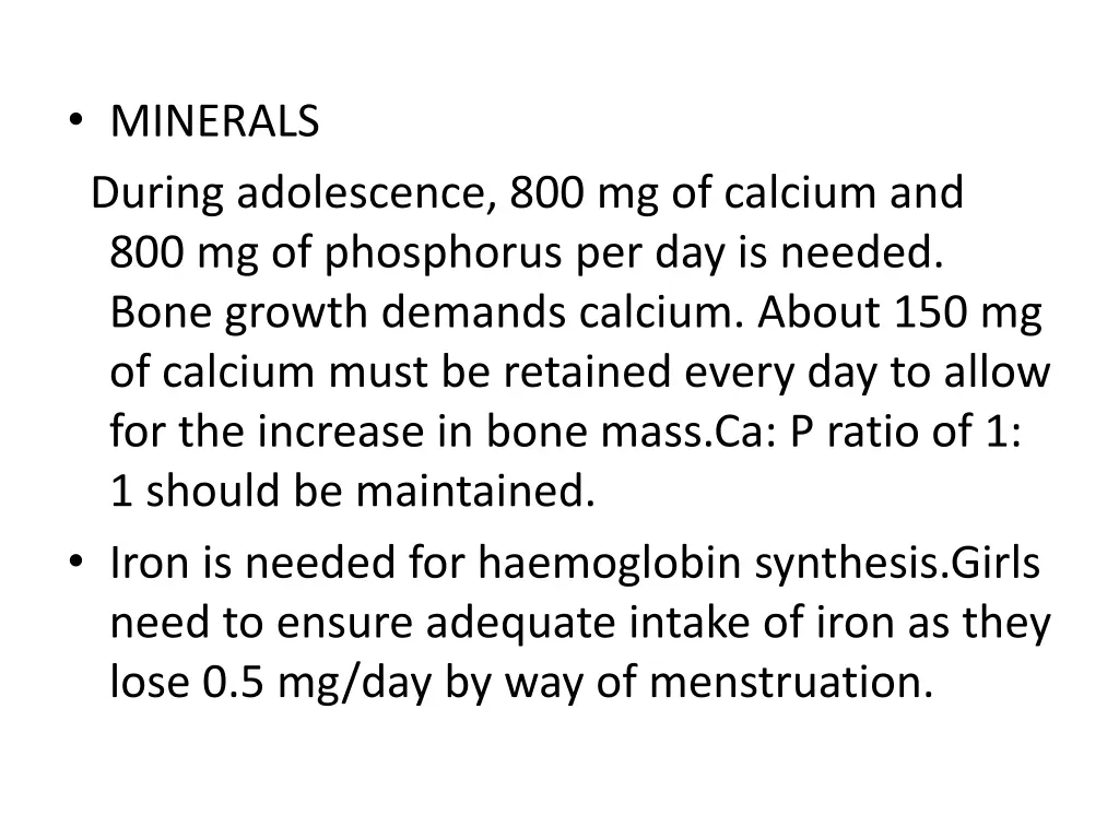 minerals during adolescence 800 mg of calcium