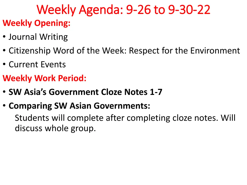 weekly agenda 9 weekly agenda 9 26 to 9 weekly