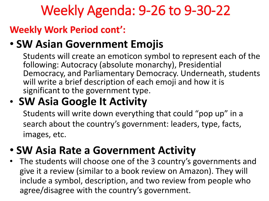 weekly agenda weekly agenda 9 9 26 to 9