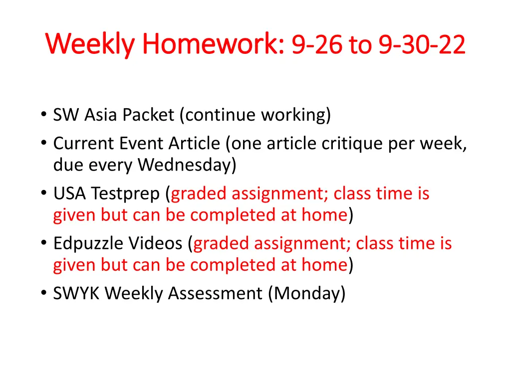 weekly homework weekly homework 9 9 26 to 9
