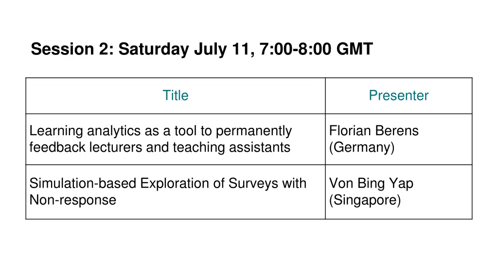 session 2 saturday july 11 7 00 8 00 gmt