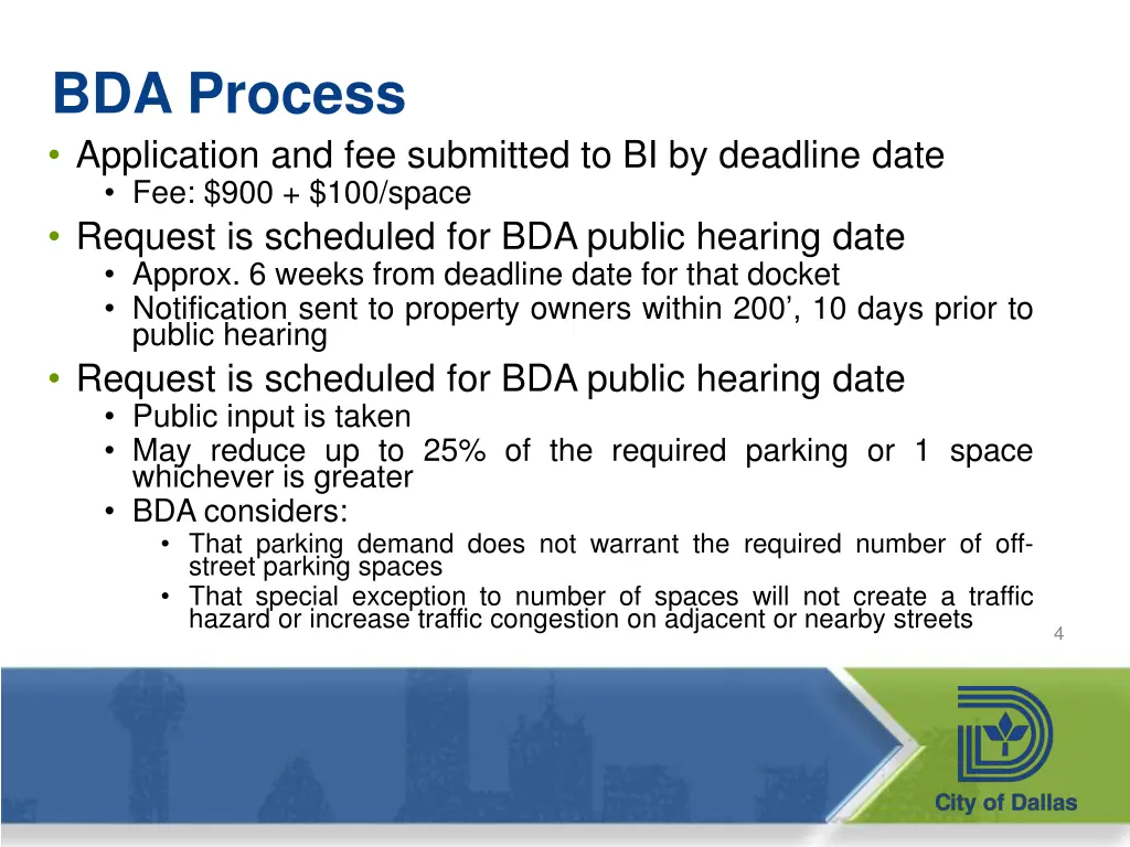 bda process application and fee submitted