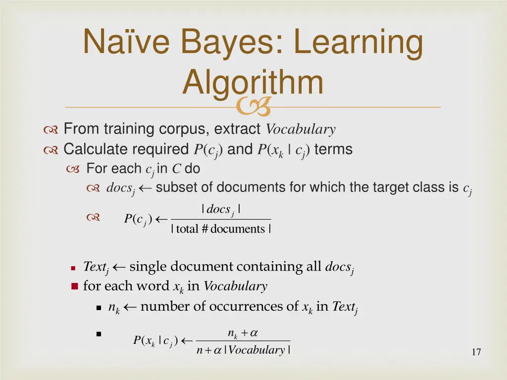 na ve bayes learning algorithm