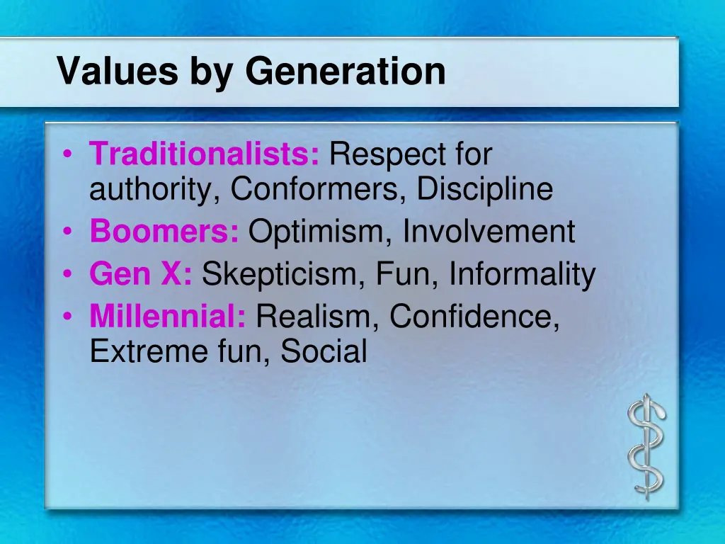 values by generation