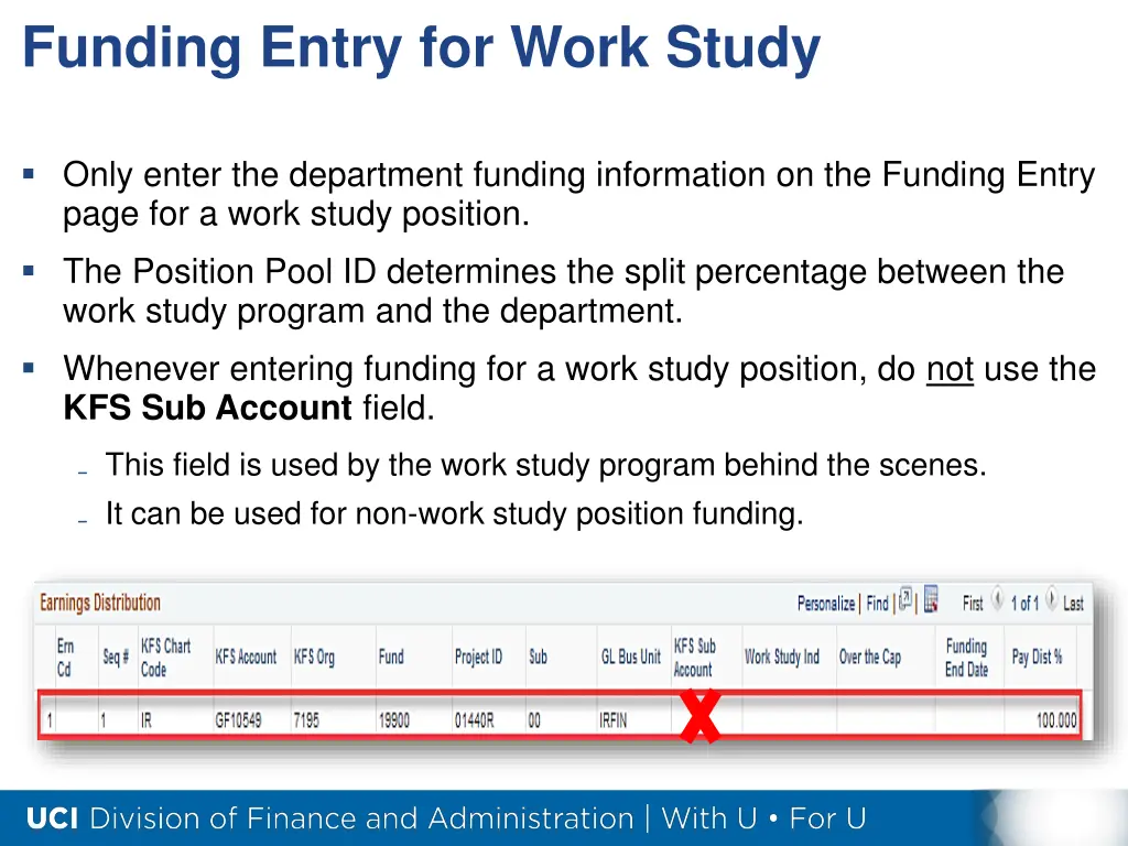 funding entry for work study