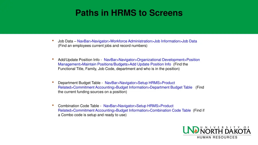 paths in hrms to screens