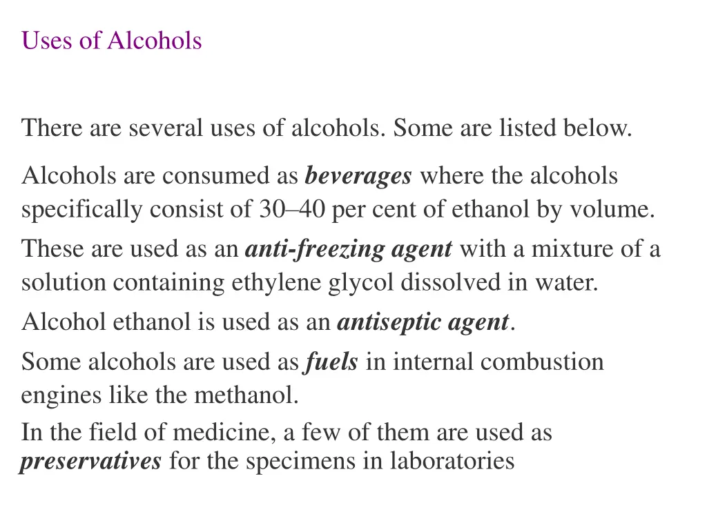 uses of alcohols