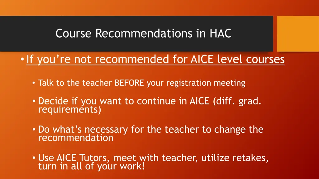 course recommendations in hac 1