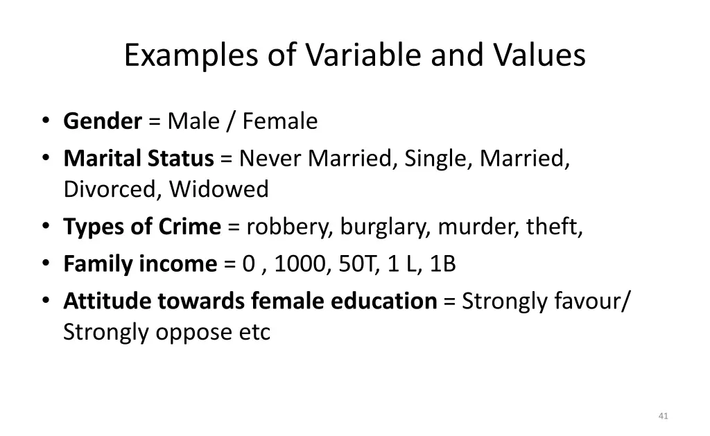 examples of variable and values