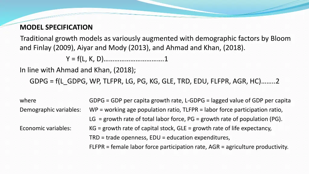 model specification traditional growth models