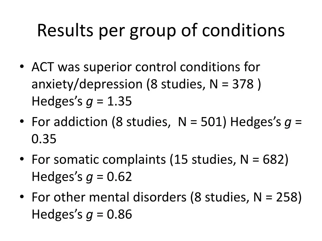 results per group of conditions