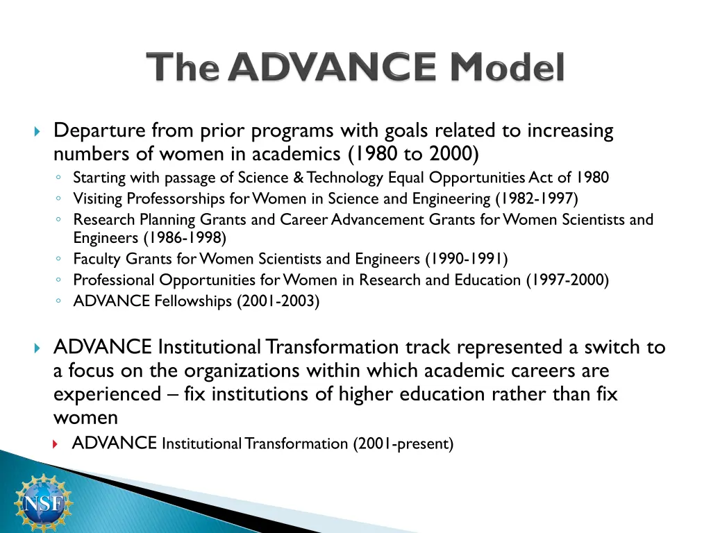 departure from prior programs with goals related