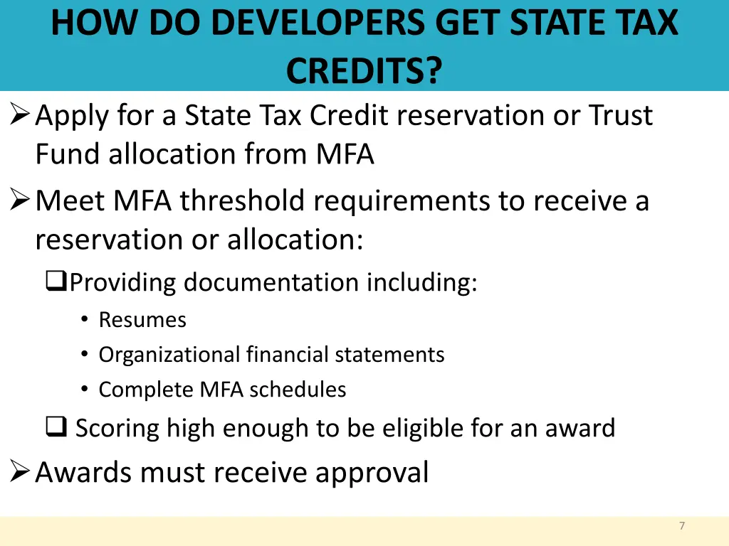 how do developers get state tax credits apply