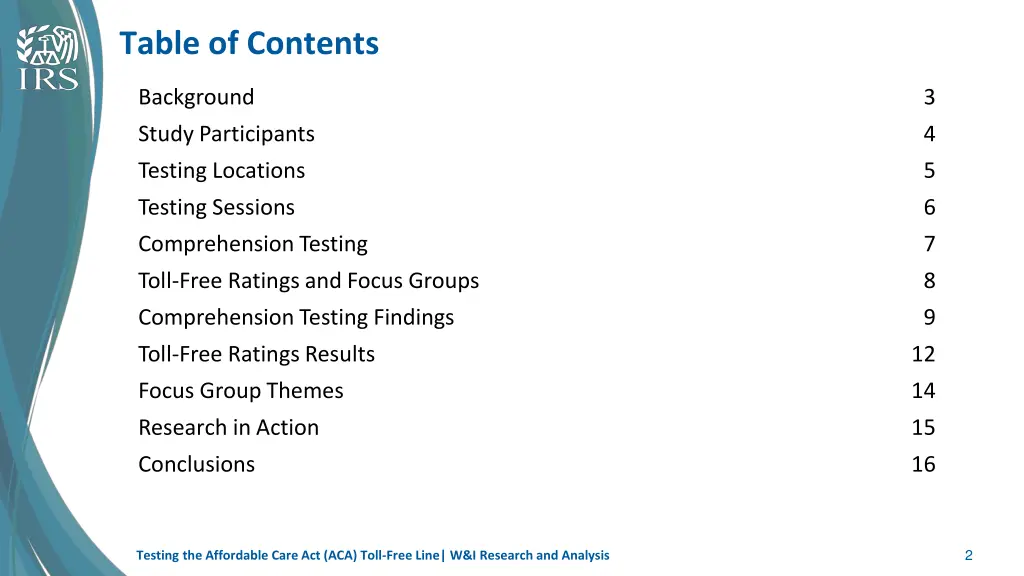 table of contents