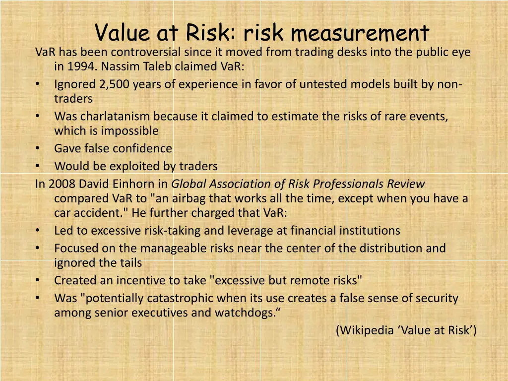 value at risk risk measurement var has been