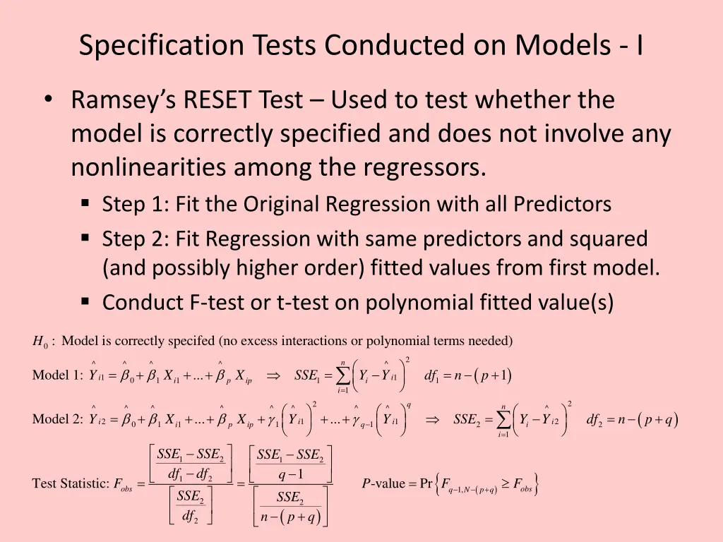 specification tests conducted on models i