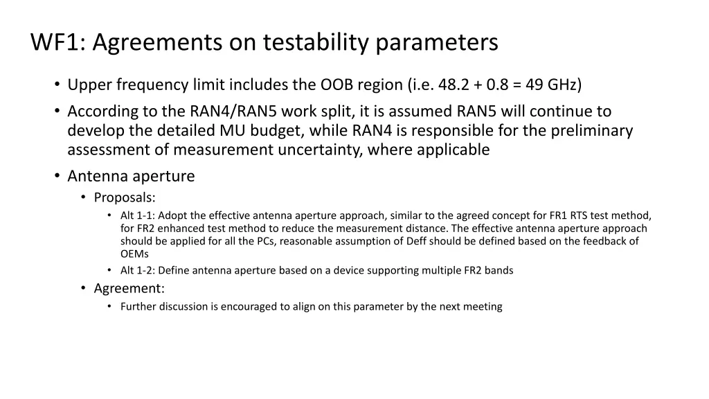 wf1 agreements on testability parameters