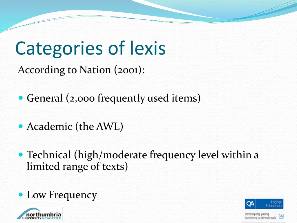categories of lexis according to nation 2001