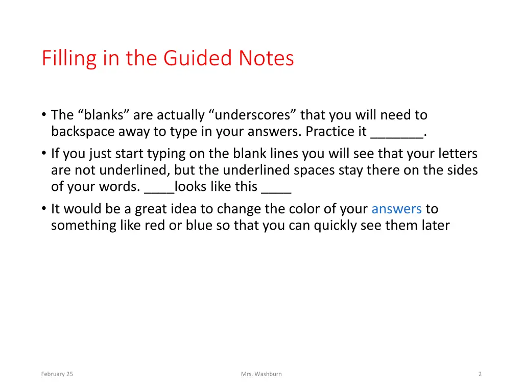 filling in the guided notes