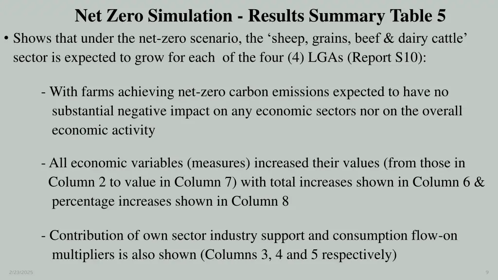 net zero simulation results summary table 5
