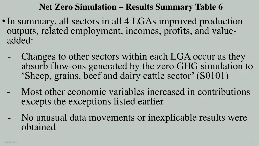 net zero simulation results summary table 6 3