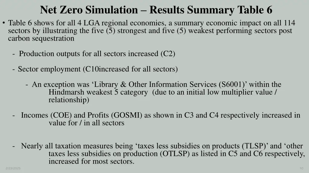 net zero simulation results summary table 6