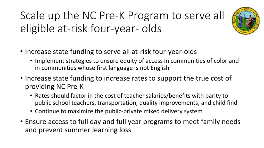 scale up the nc pre k program to serve