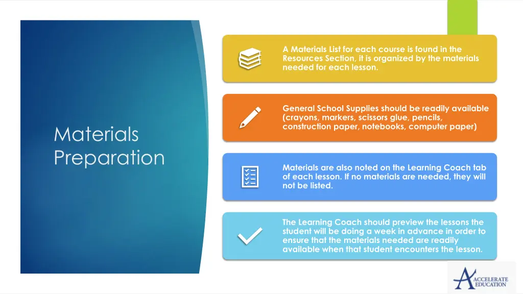 a materials list for each course is found