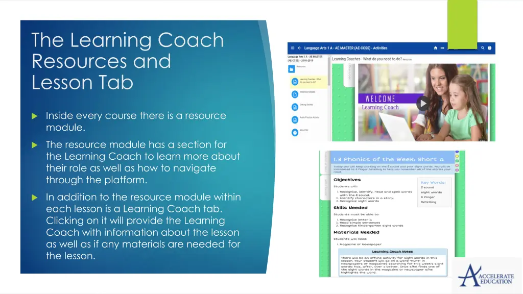 the learning coach resources and lesson tab