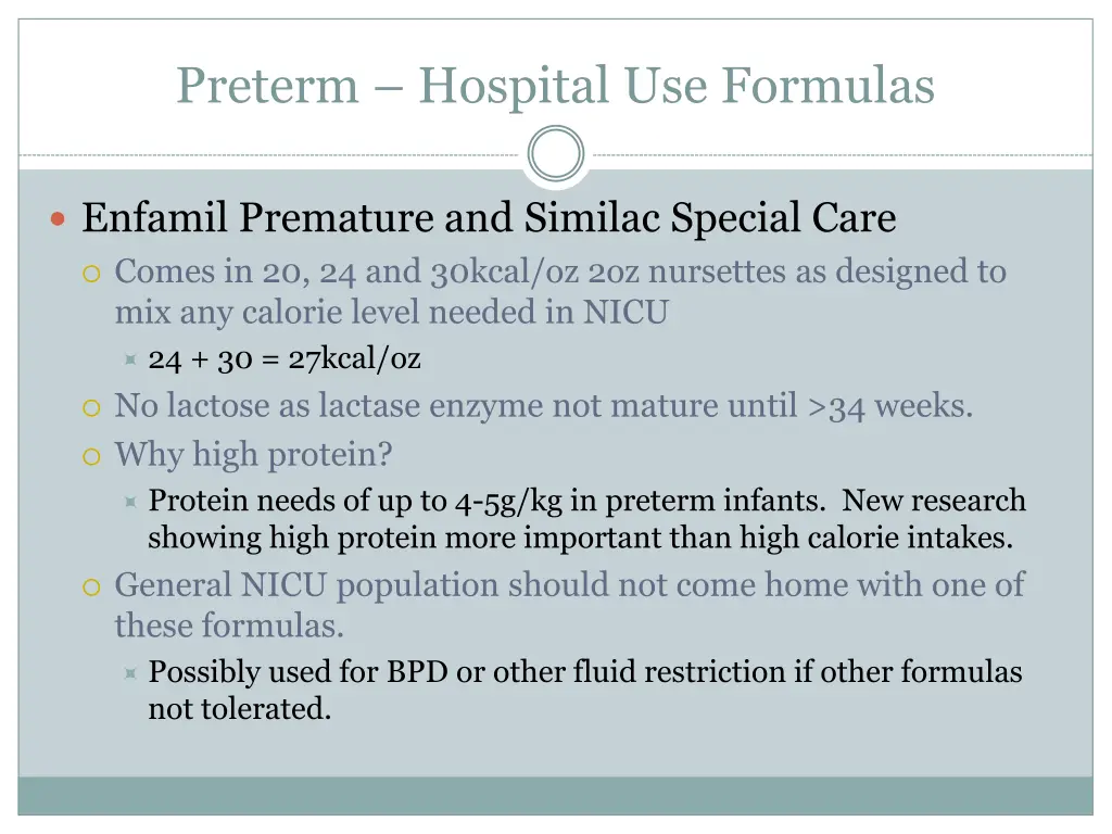 preterm hospital use formulas
